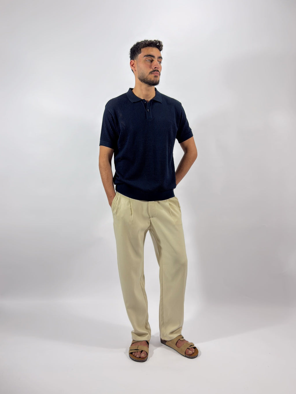 Openwork knitted cotton polo shirt