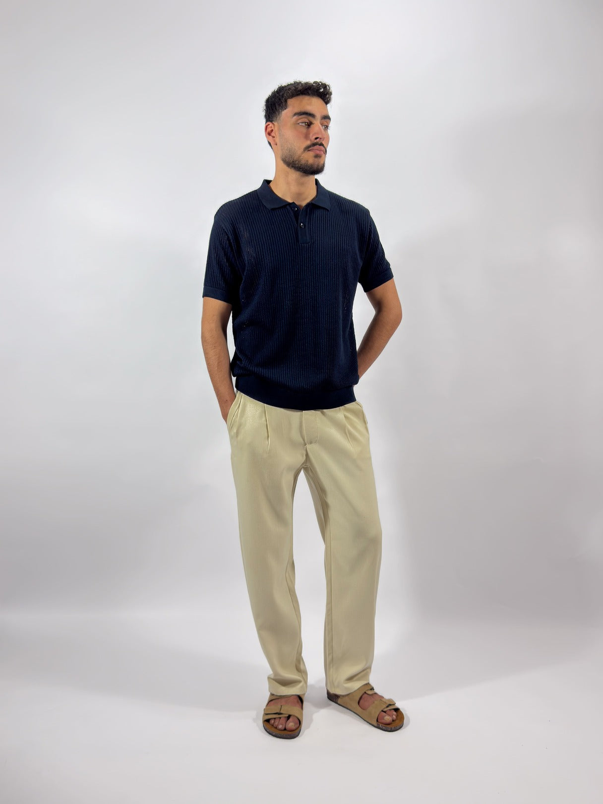 Openwork knitted cotton polo shirt