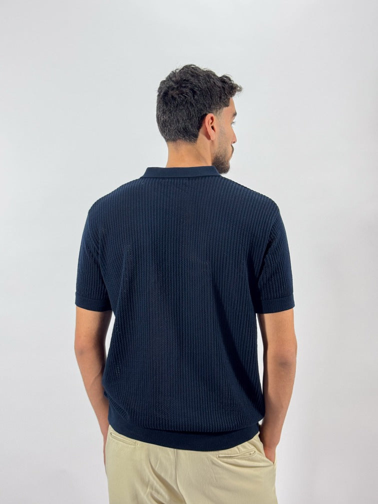 Openwork knitted cotton polo shirt