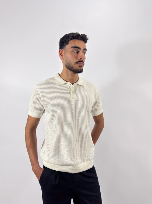 Openwork knitted cotton polo shirt