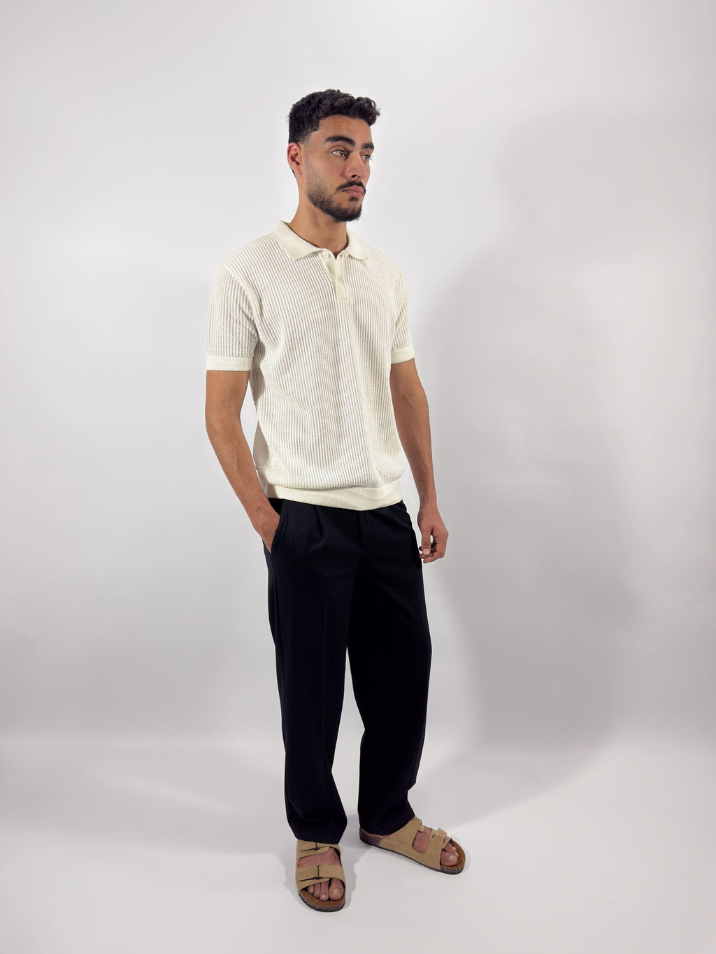 Openwork knitted cotton polo shirt