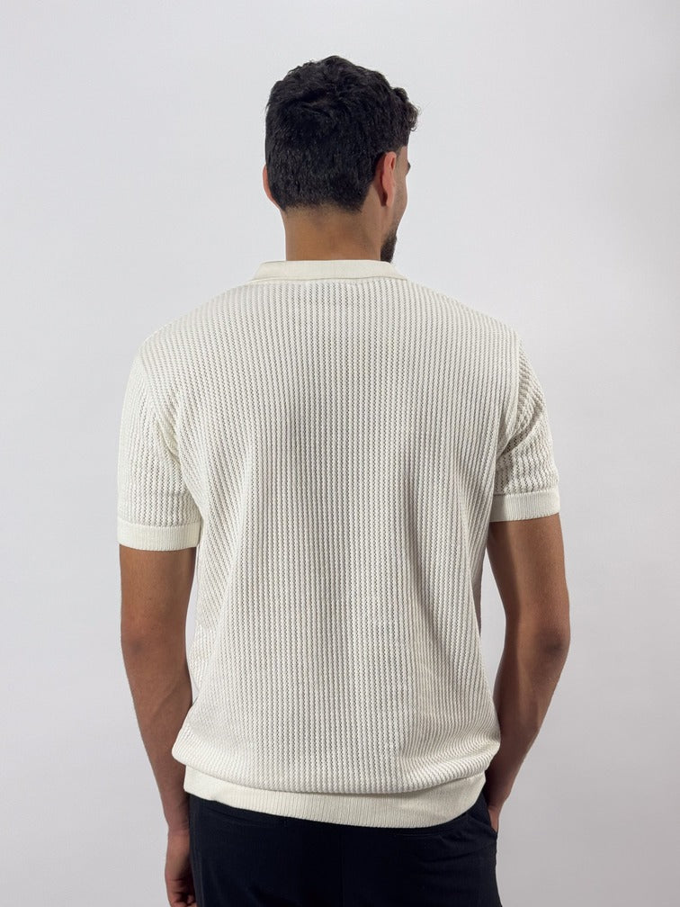 Openwork knitted cotton polo shirt
