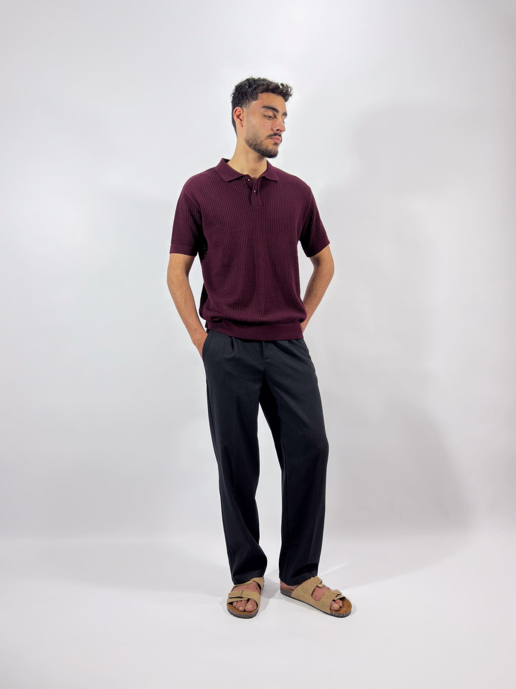 Openwork knitted cotton polo shirt
